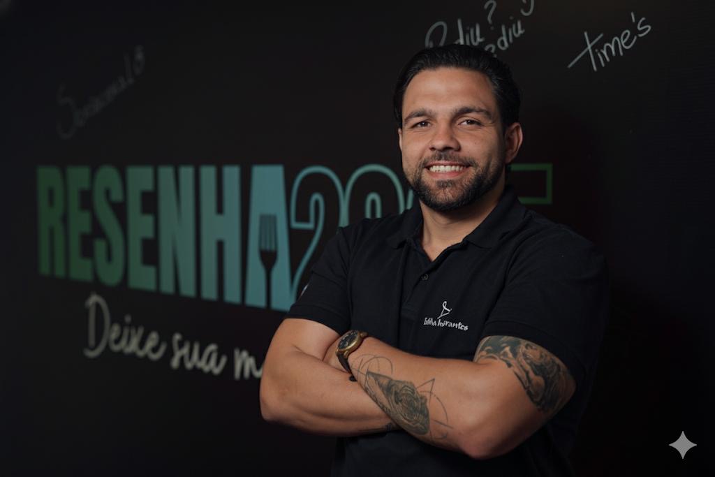 Retrato de Filipe Mello de braços cruzados em evento de food service